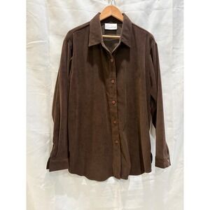 Susan Graver Style Brown Sueded Look Button Front Shirt Long Sleeve Size XL